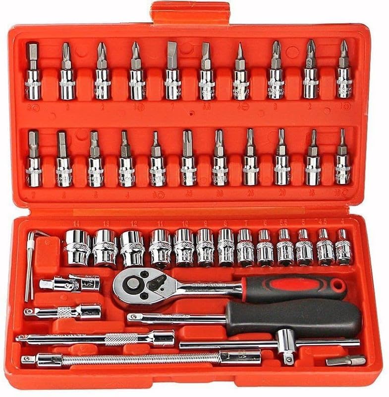 Sahelistyle - Apni Saheli, Apni Style Red 46 In 1 Pcs Tool Kit & Screwdriver and Socket Set Multi Purpose Tool Case For Home Use Spanner Set Socket Set Wrench Set Bike Tool Kit Set Goti Pana Set, Torx