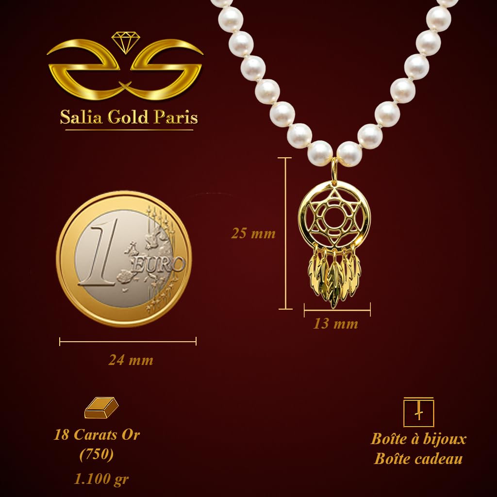 Collar – oro de 18 quilates – 1,10 gr – perlas blancas y colgante – Valor refugio – idea de regalo – sello 750 – Certificado de autenticidad – Salia Gold Paris