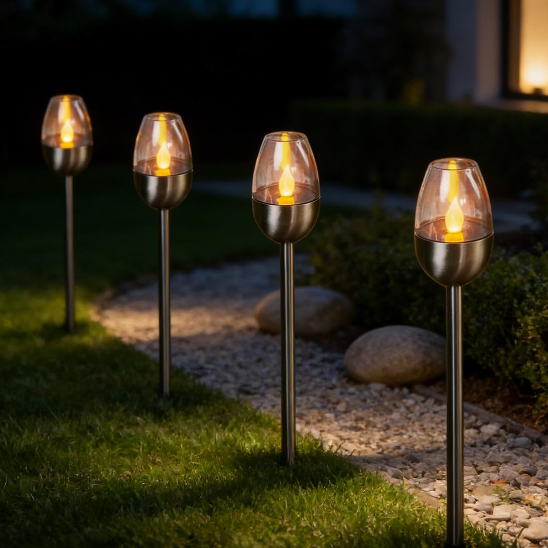 Wrqioo Silver 4Pcs Solar Lights Outdoor Garden Stake With Led Flame Effect, Flickering Solar Lights, Waterproof Solar Torch Lights Outdoor Garden For Out-Door Yard Pathway Driveway Porch Patio