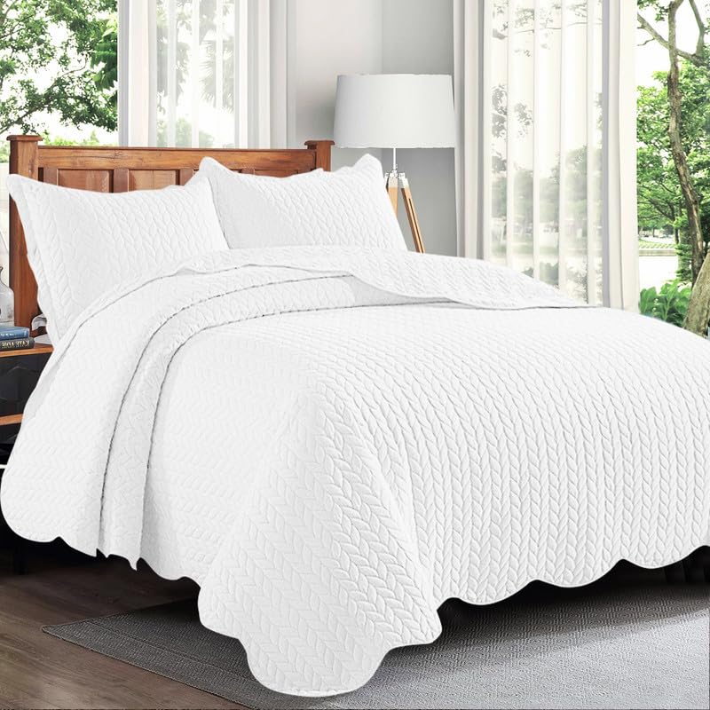 Trendy Realm Quilt Mono Bedspread 2 Pieces Set – Coverless Quilted Leaf Motif Bedspread, Comforter Throw, Summer and All-Season Lightweight Bedding Sets, with 1 Pillow Shams (Single, White)