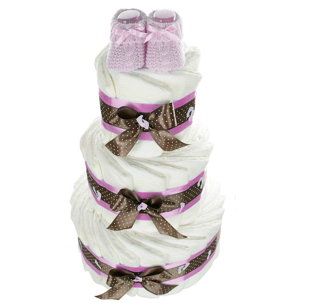 XXL Windeltorte für Mädchen mit Babybooties rosa / 59-teilig / 3-stöckig