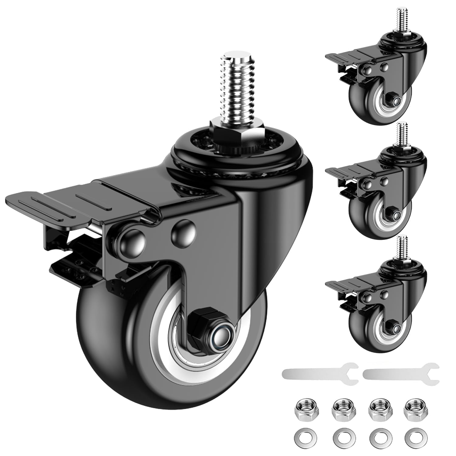 Sohnvwtgd Black+White-1/2"-13X1" Stem Caster Wheels 2 Inch Locking Casters Set Of 4, Threaded Stem 1/2" -13 X 1 (Stem Diameter 1/2", Length 1") No Noise Swivel Heavy Duty Industrial Castors For Cart Furniture