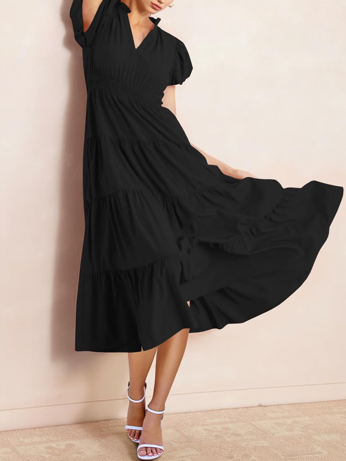 Wenrine Womens Summer Midi Dress Puff Short Sleeve V Neck Flowy Tiered Beach A-Line Dresses - Image 3