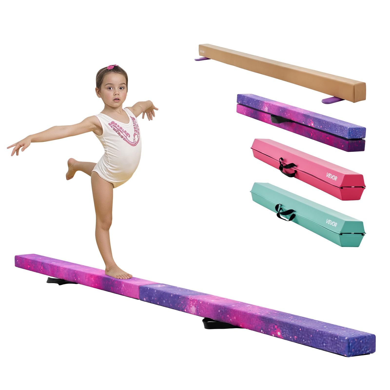 VEVOR Trave di Equilibrio per Ginnastica per Bambini, Pieghevole, 2380 mm, capacità di Carico 136 kg, con Tappetino Antiscivolo, Trave di Equilibrio con Borsa per Il Trasporto in Palestra, Galassia