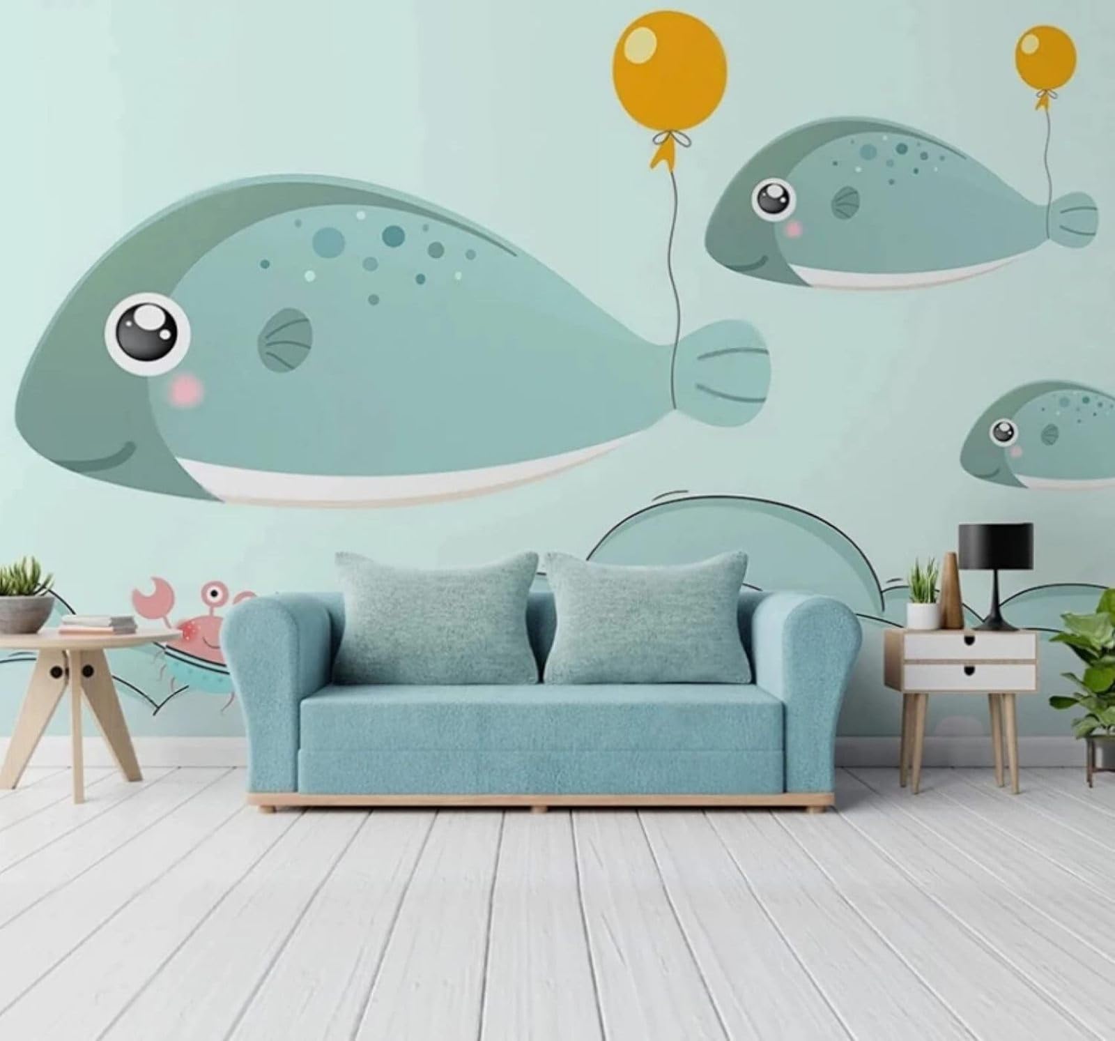 Cartoon Hand Drawn Ocean Fish Balloons 3D Wallpaper Easy Install Feature Office Living Room Sofa Bedroom TV Background Wall Decoration-430cm×300cm