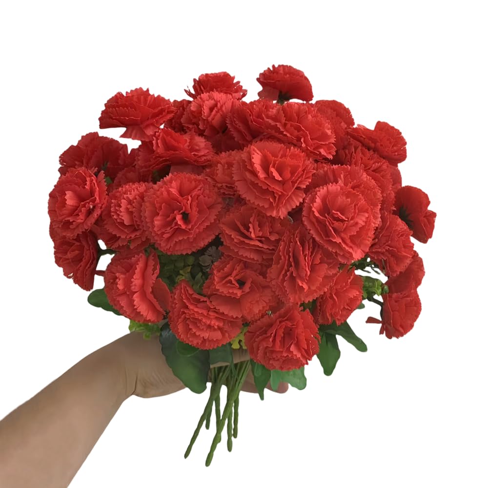 CURTEK Ramo de 6 racimos de claveles artificiales de seda de 14.2 pulgadas, flores de plástico, 12 cabezas de flores por ramo para decoración del hogar, boda, fiesta (rojo)