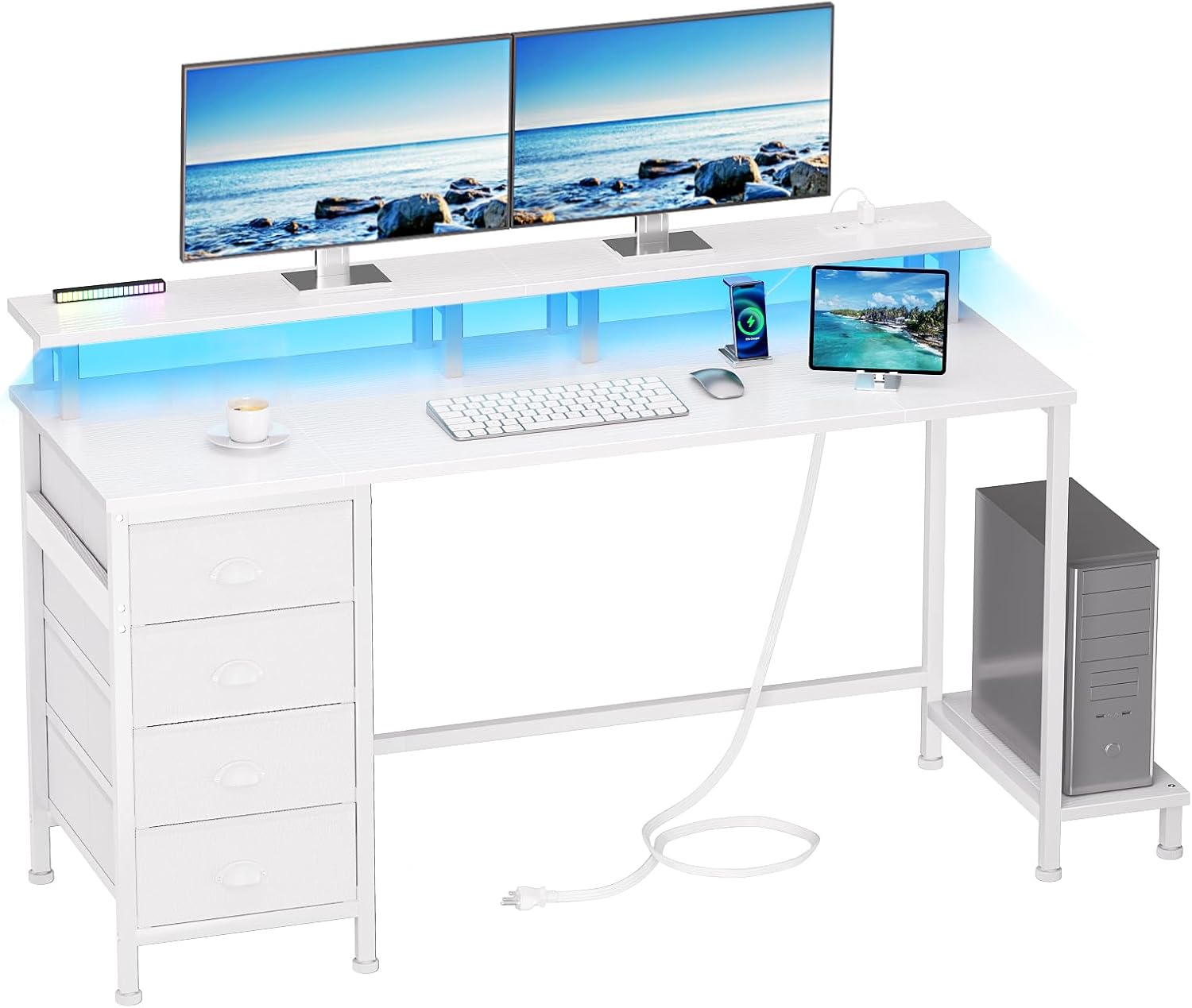 Furologee 55in Computer Desk with 4 Drawers, LED Gaming Desk with Power Outlets, Office Desk with Full Monitor Stand and Storage Shelf, Study Work Desk for Home Office Bedroom, White 55 Inch White