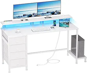 Furologee 55" White Computer Desk with 4 Fabric Drawers & Monitor Stand, Gaming Desk with Power Outlets - LED Lights, Home Office Space-Saving Study Table for Bedroom Small Spaces