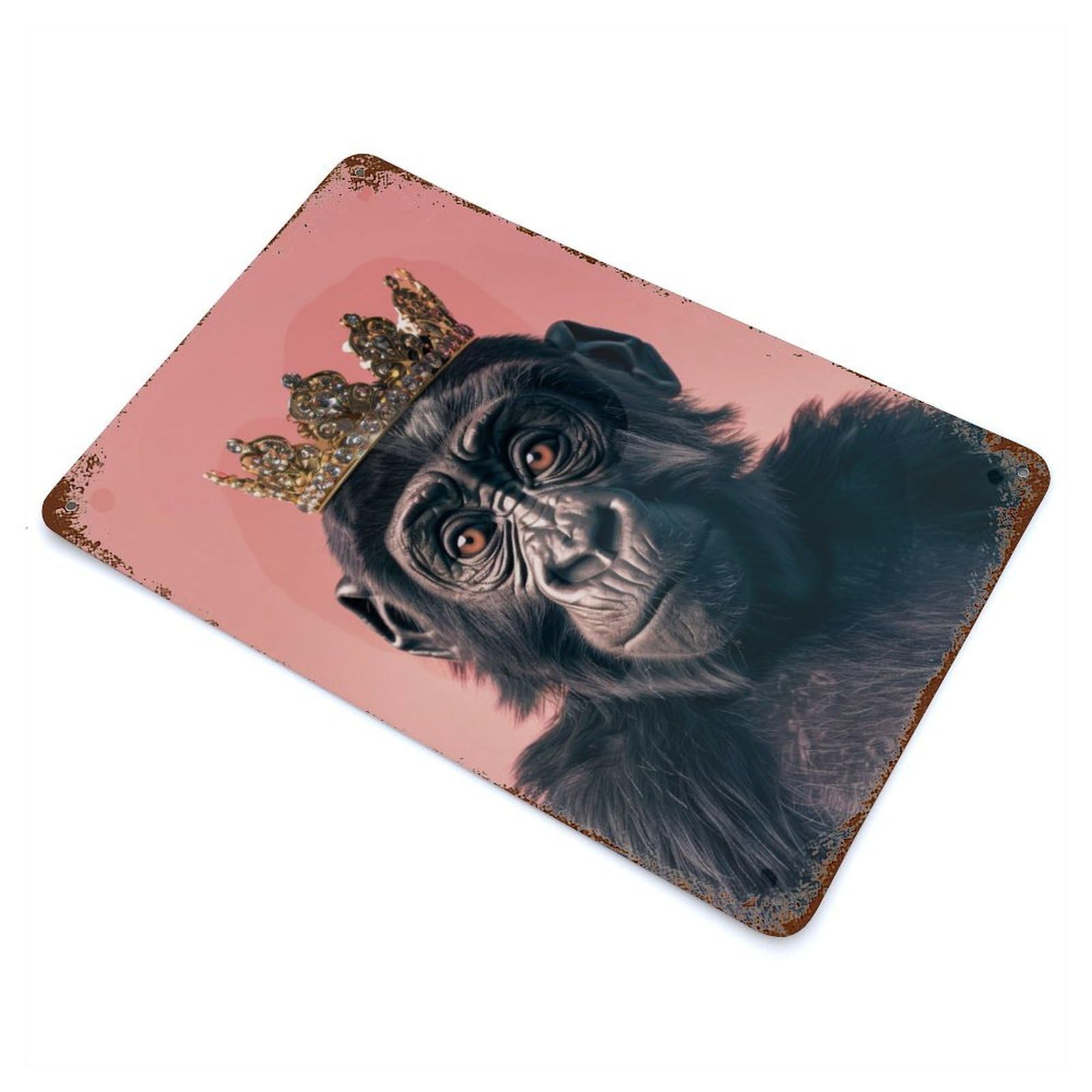 Rust Effect Gorilla Pastel Crown Rusty Metal Tin Sign 11.8"x7.9", Rustic Home Decor for Living Room, Hallway And Home Decor