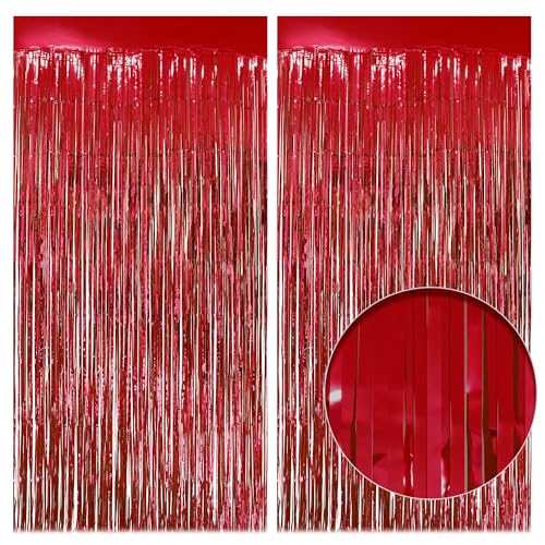 2 Pack Red Fringe Backdrop, 3.2x8.2ft Shining Foil Tinsel Curtains, Birthday Party Decorations Door Streamers for Halloween, Christmas, Wedding, Graduation, Holiday, Theme Events