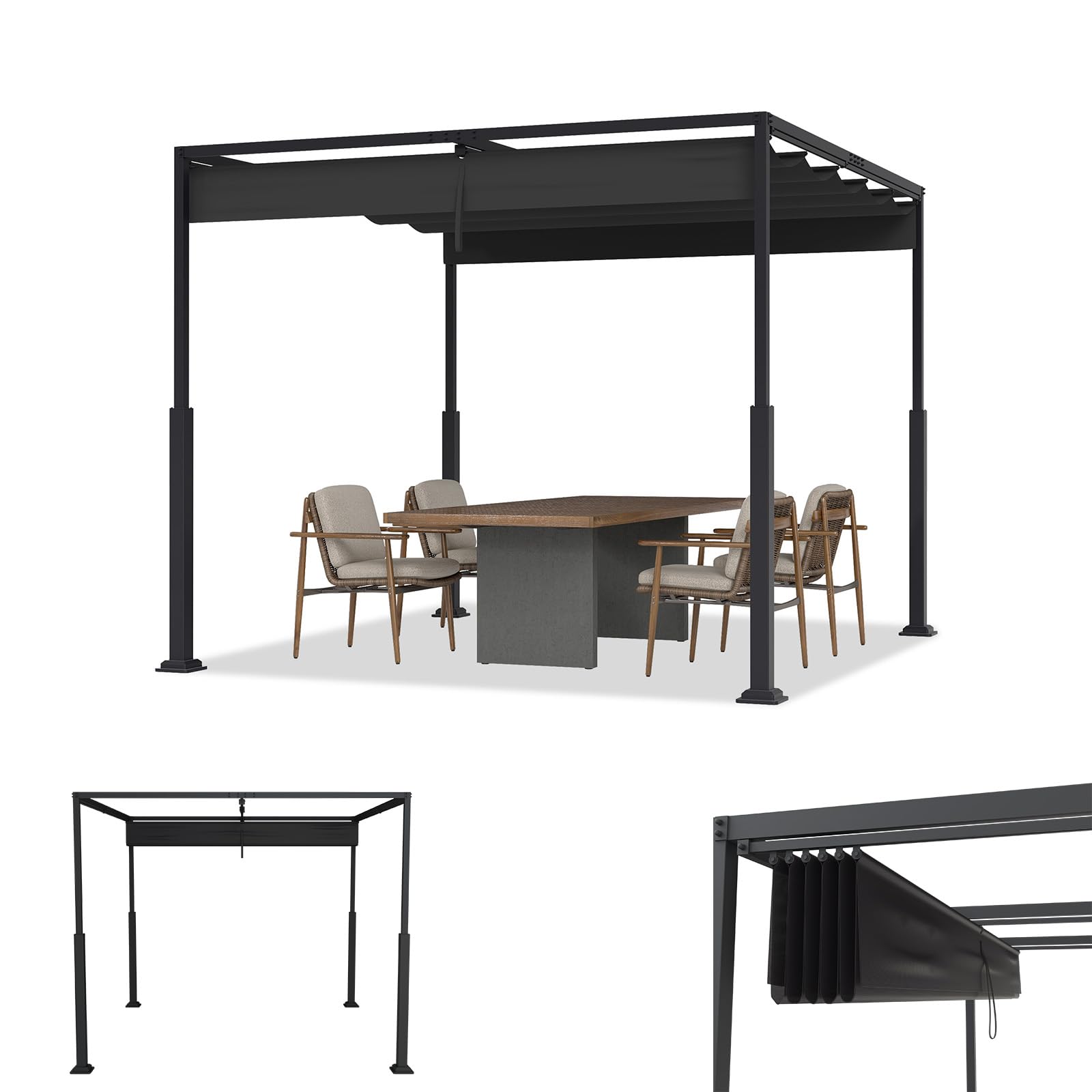 ACXIN Pergola z przesuwnym dachem, zadaszenie tarasu ze stalowej ramy, wodoodporny poliester powlekany PA 160 g, wolnostojący pawilon ogrodowy z regulowaną ochroną przed słońcem (czarna, 3 x 3 m)