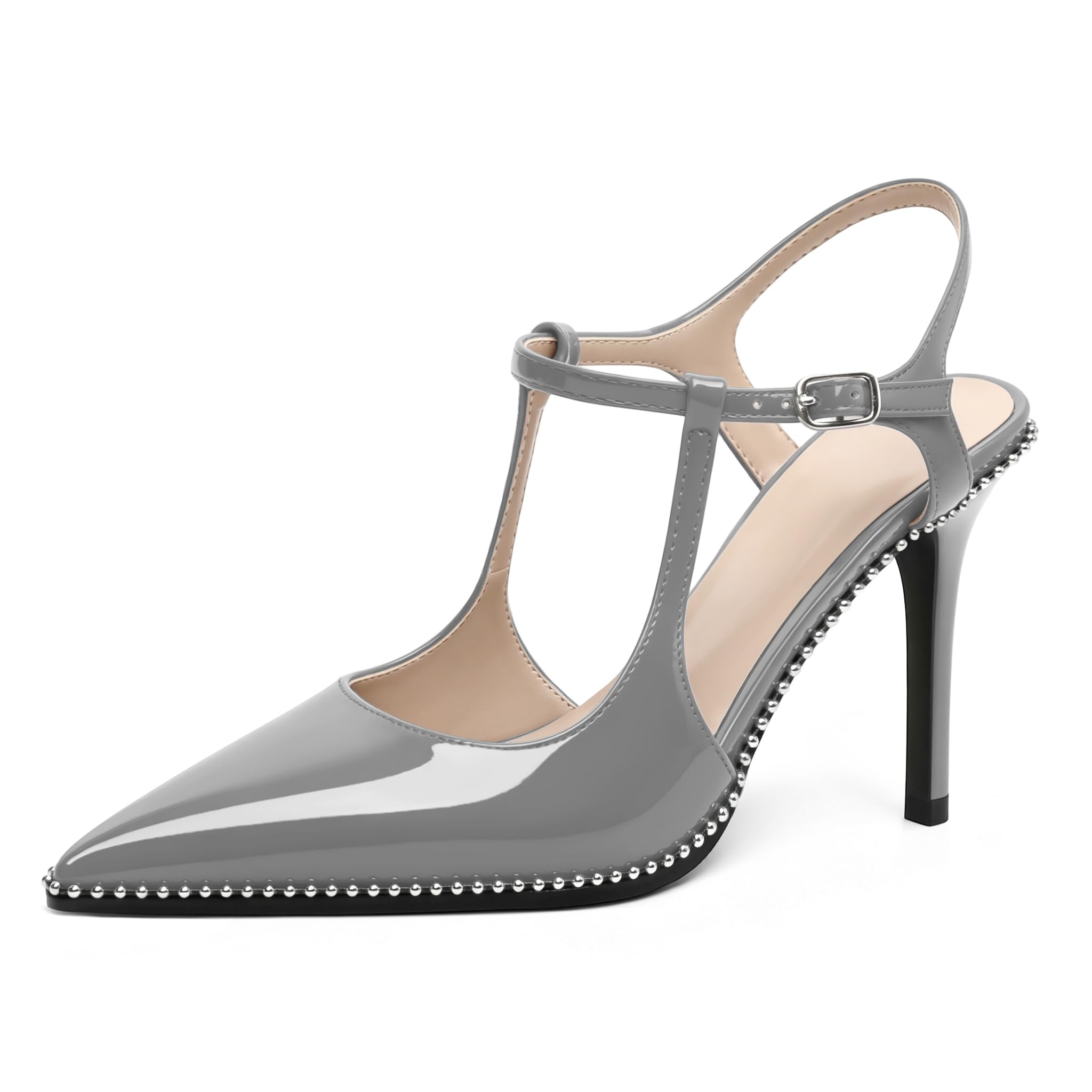 SAMMITOP Womens High Heels Ankle Strap Pointed Toe Stilettos Patent Leather Beaded Pumps Dress Shoes 3.5 Inch
