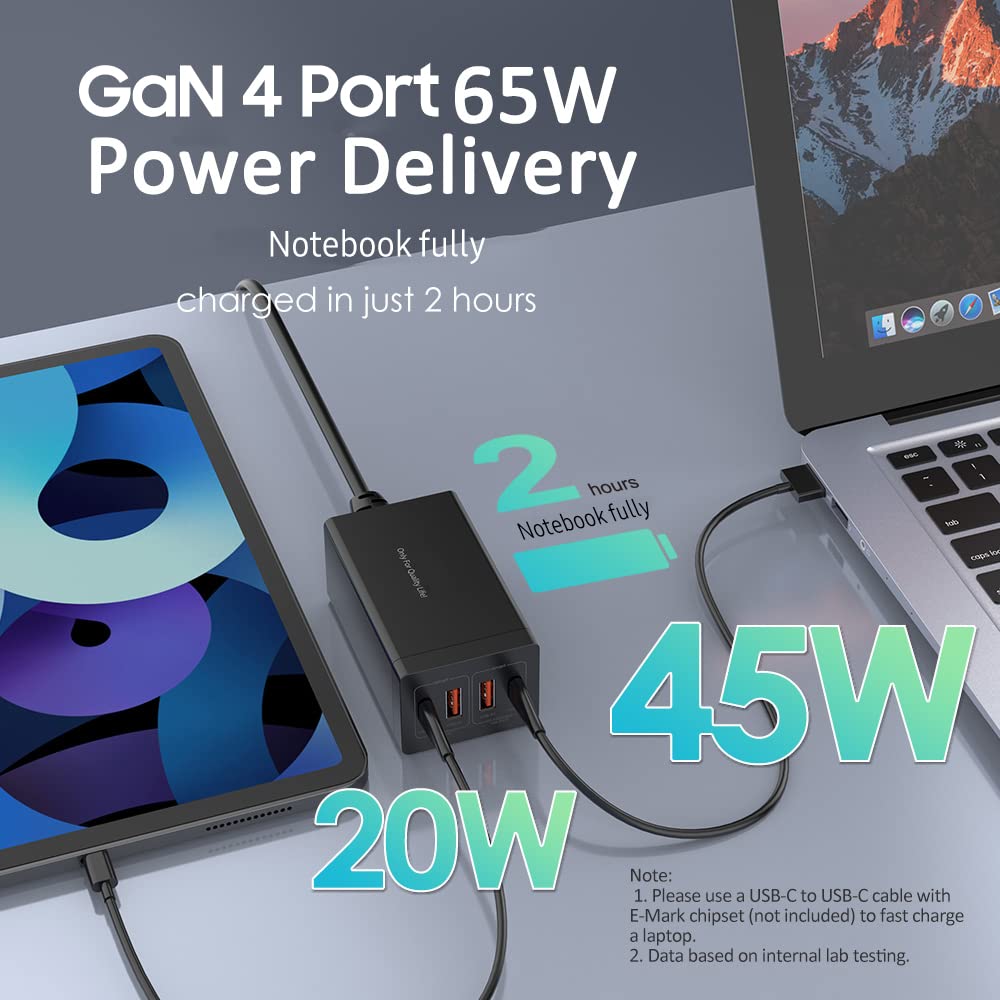 HUIOP Stazione di ricarica USB GAN 65W Hub di ricarica a 4 porte Caricatore rapido QC4.0 QC PD3.0 PD Caricatore da muro USB di o C per phone Tablet lap e altro