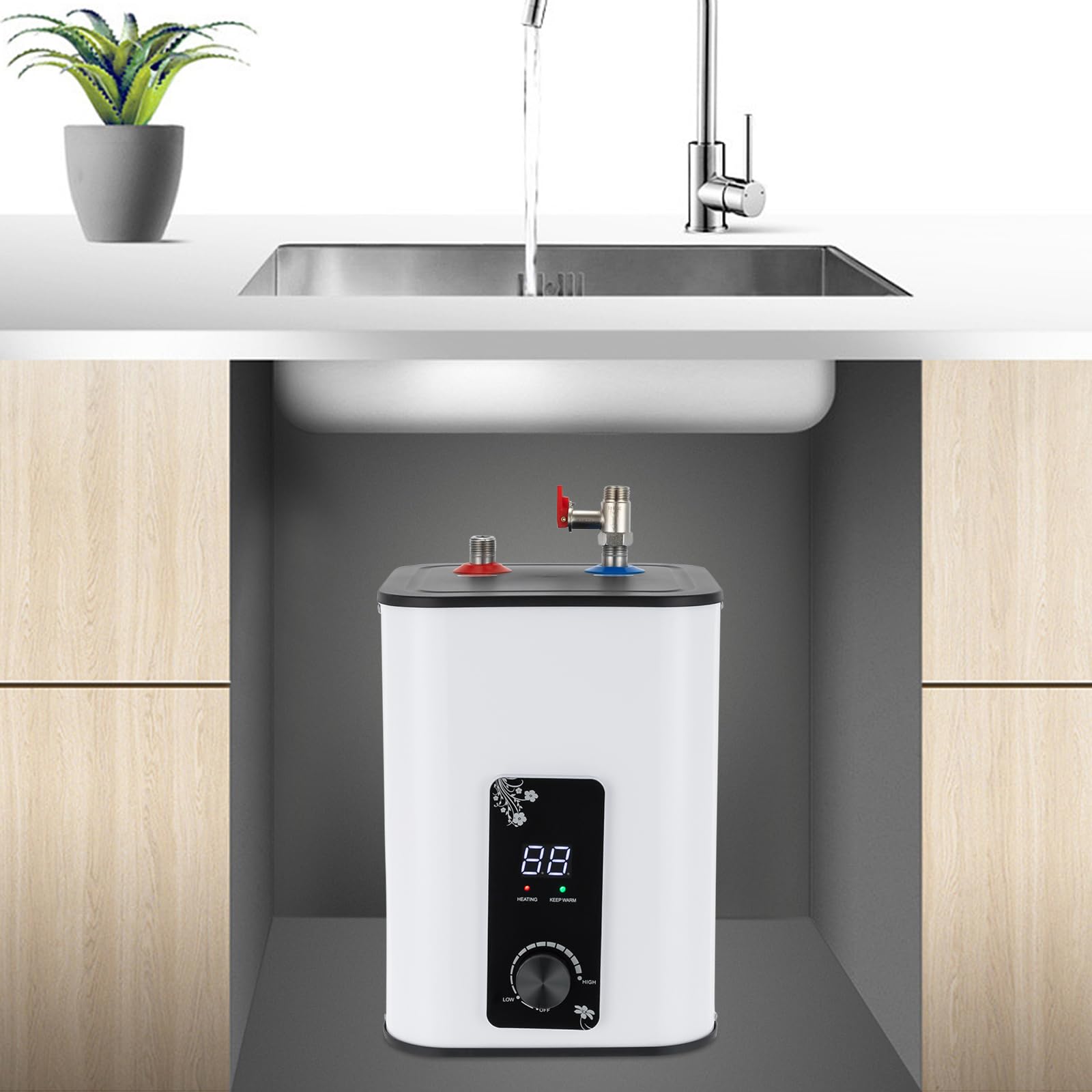 Serbatoio acqua calda da 8 l, scaldabagno istantaneo, 1500 W, con display digitale, scaldabagno elettrico, temperatura regolabile da 0 a 65 °C, per cucina, armadi, bagno