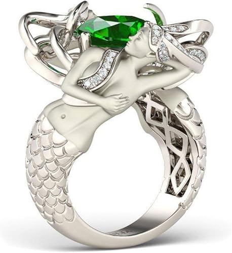 Jeulia - Anillo de sirena con corte de cojín verde para mujer, novia, esposa, regalo de cumpleaños con caja de joyería