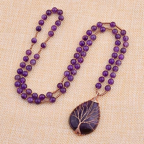 Top Plaza Healing Crystal Amethyst Necklace Natural Stone Beads Life Tree Wire Wrapped Teardrop Gemstone Pendant Jewelry for Women Mom4