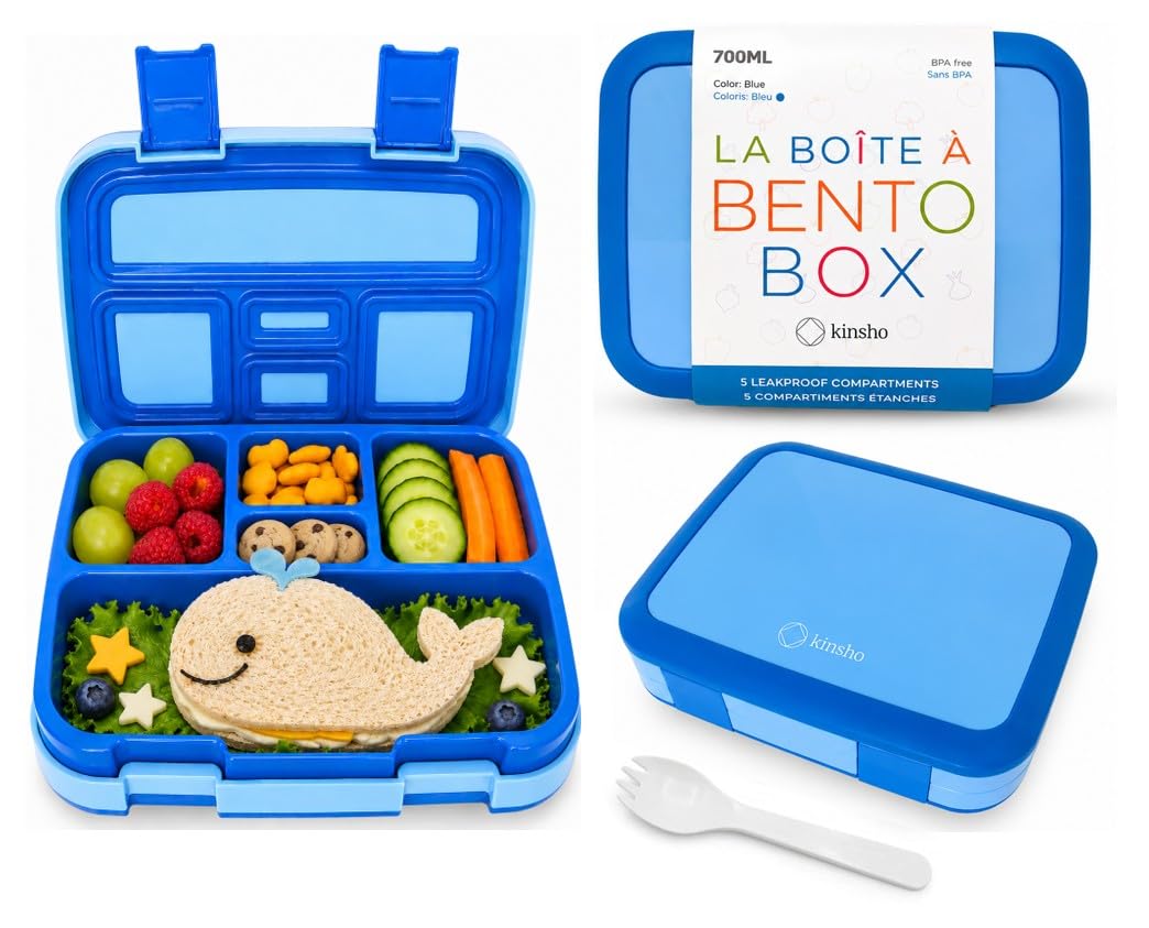 kinsho Bento Lunch Box Container Secure Lid for Small Kids, Toddlers, Blue