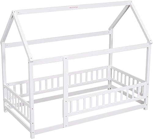 Miniatura 9 de Harper & Bright Designs Cama de suelo individual para niños, cama Montessori de madera con rieles en forma de valla, cama de casa de tamaño