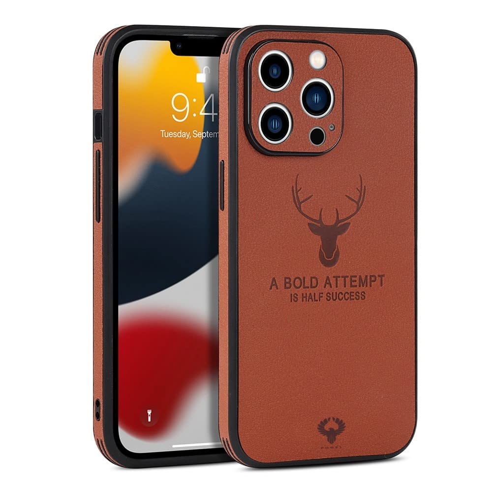 Pomel Deer Pattern PU leather Case Compatible with iphone 13 Elegant Slim Sleek Soft TPU Durable Classy Women Men Case Anti Scratch Shock Proof Four Corner Protection (iPhone 13 Pro, Brown)