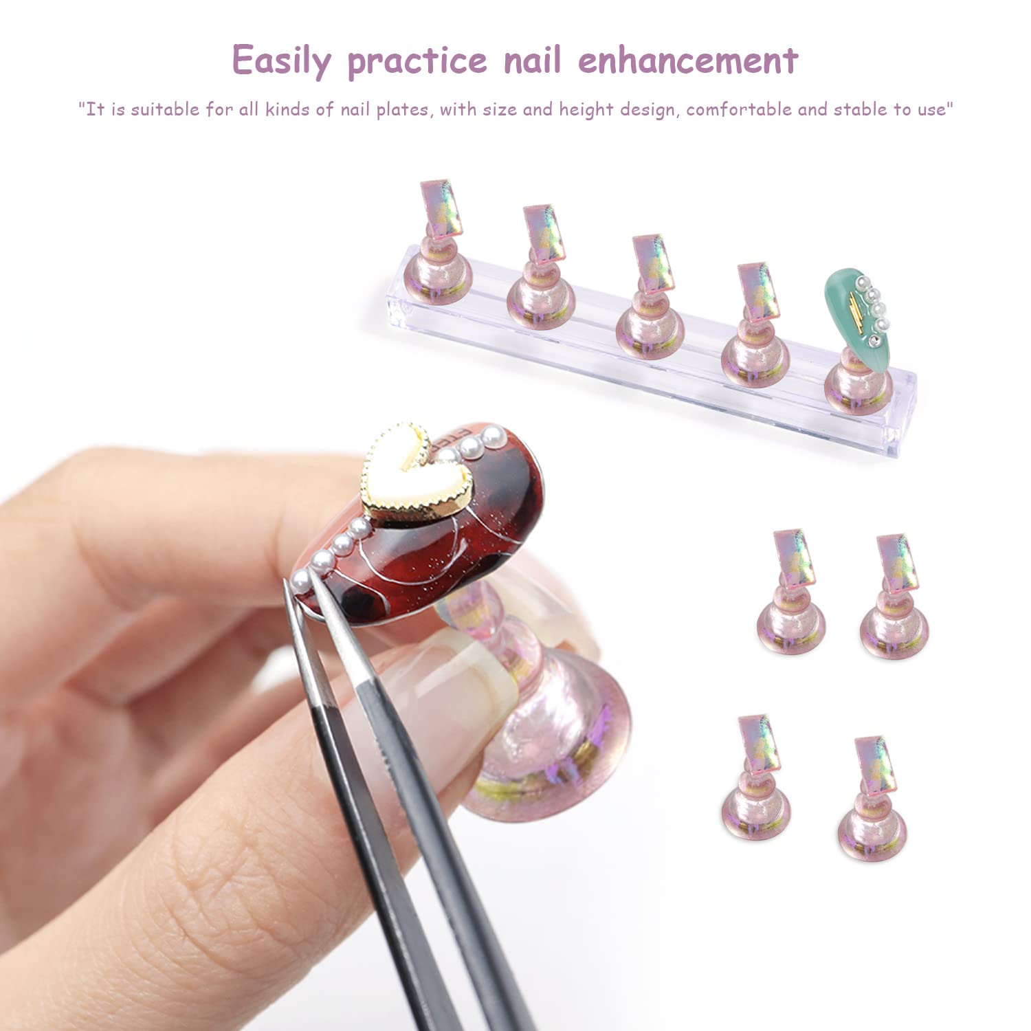 10 pièces de support d'art d'ongle magnétique rose, support de peinture d'ongle, présentoir d'art d'ongle, outil de pratique de faux ongles, avec 3 bases, 16 morceaux d'adhésif