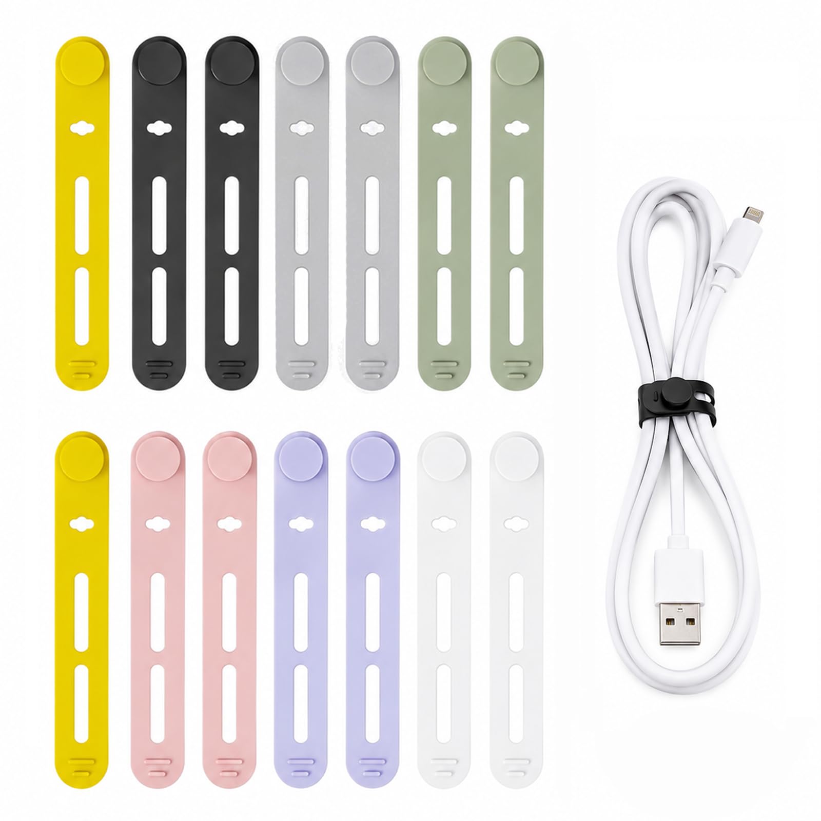 14Pcs Silicone Cable Ties, Reusable Elastic Wire Ties with Adjustable Lock Buckle, Flexible Cord Organizer Strap Wrap for Earphone Phone Charger Computer USB Cables Management in Home Office(7 Colors)
