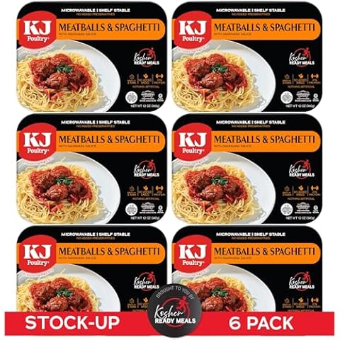 KJ Poultry Kosher Ready Meals - Spaghetti & Meatballs, MRE Meals Ready to Eat (6 Pack) Prepared Entree Fully Cooked, Shelf Stable Microwave Dinner Travel, Military, Camping, Emergency Survival Cover