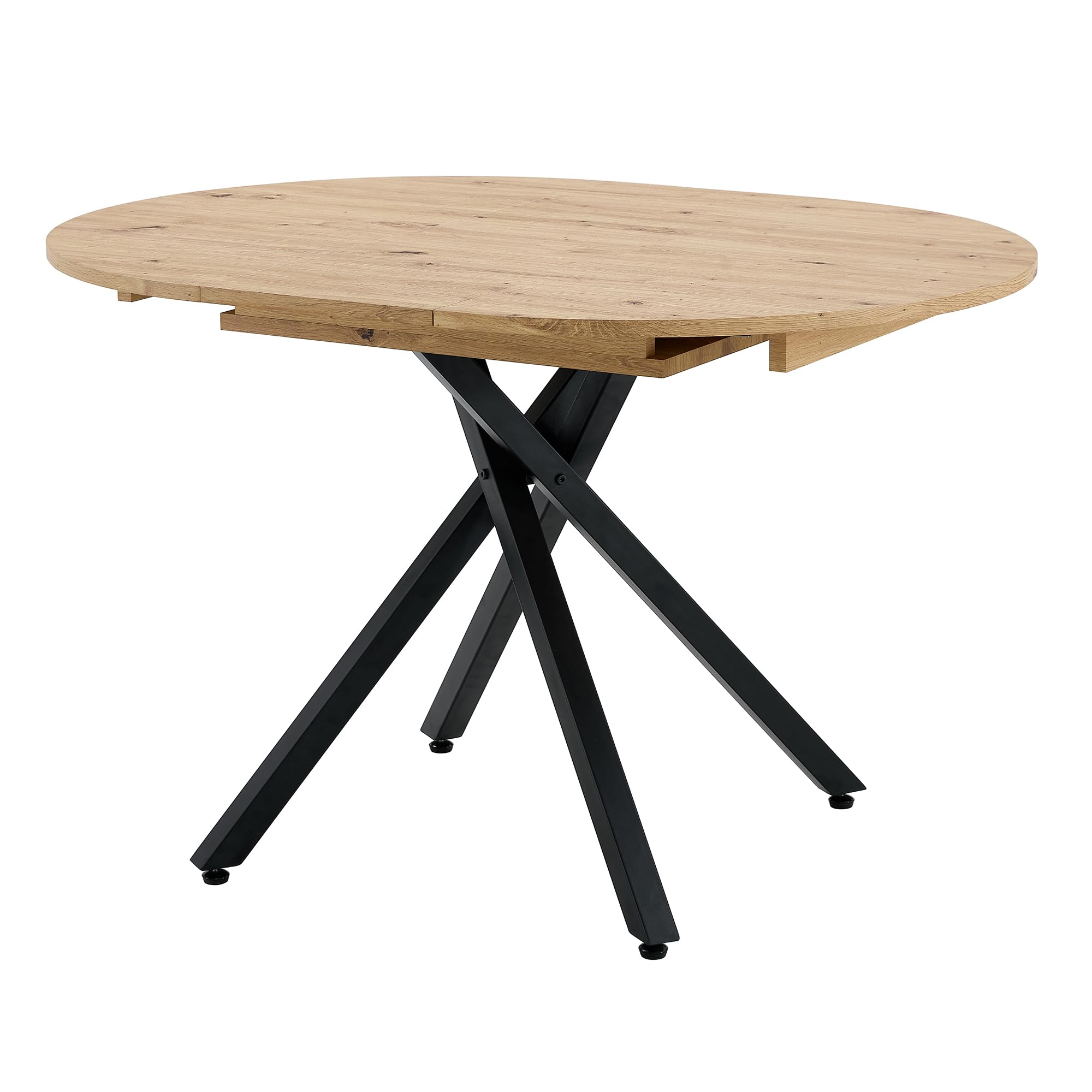 MOMMA HOME Mesa de Comedor Extensible y Plegable – Mesa Redonda para Salón, con Patas Metálicas Regulables, Color Roble/Negro, 90-120x90x75 cm
