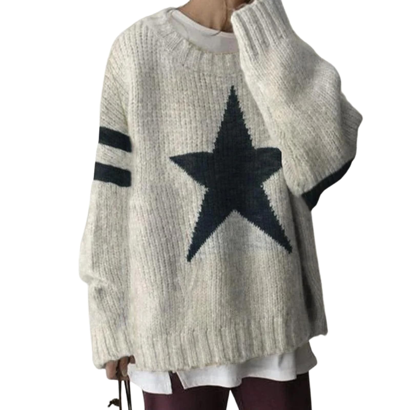 Womens 2024 Fall Fashion Long Sleeve Pullover Knit Star Patterned Crewneck Oversized Sweaters Trendy Outfits Gray