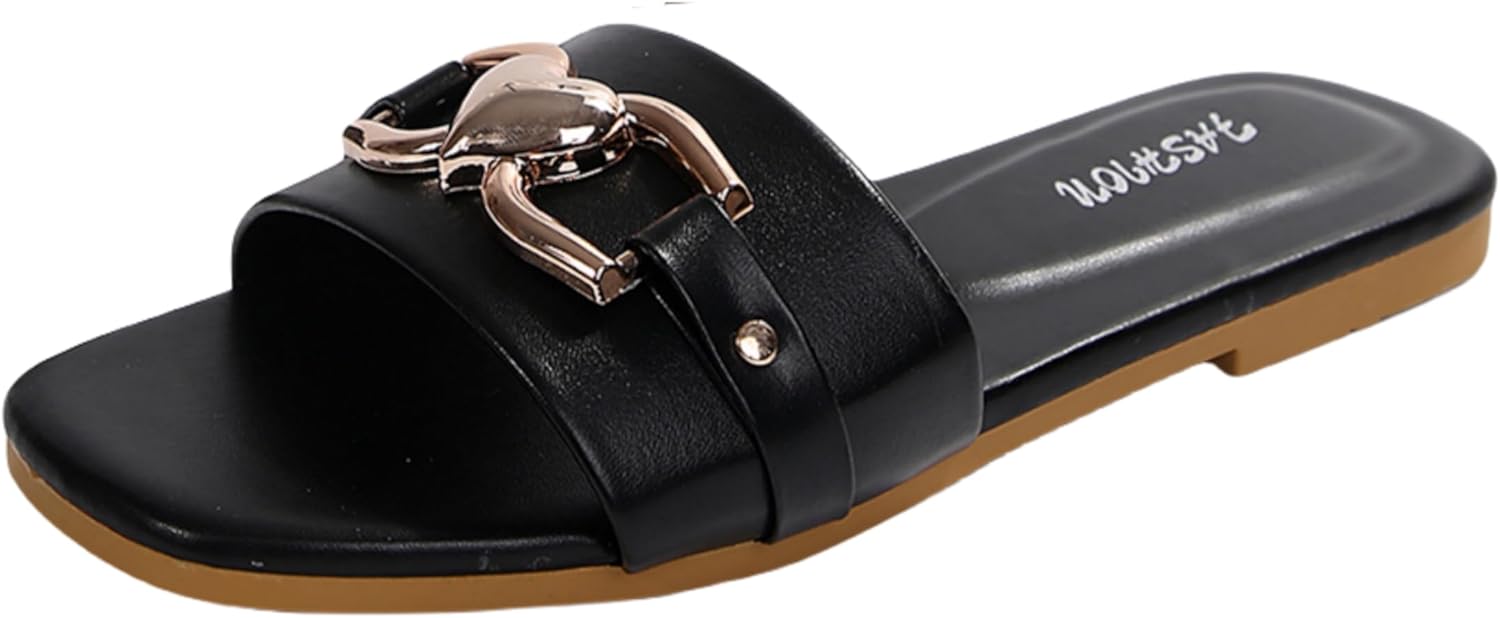 MGGMOKAY Women's Flat Sandals Fashion Slides With Soft Leather Slippers for Summer,Black,6