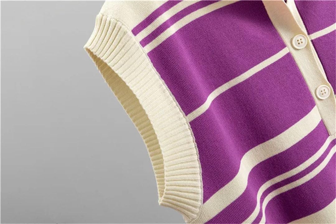 Ensemble de t-shirts en tricot rayé sans manches pour femme - Pull d'été en soie glacée - Débardeurs baggy - Taille haute - Pantalon large - Survêtement