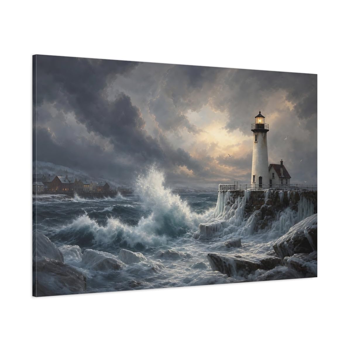 Nature Lighthouse Winter Coast Canvas Print – realistic Living Room, Above Couch 18×12 inch (45×30 cm) - Horizontal / 1.25 inch (3 cm)