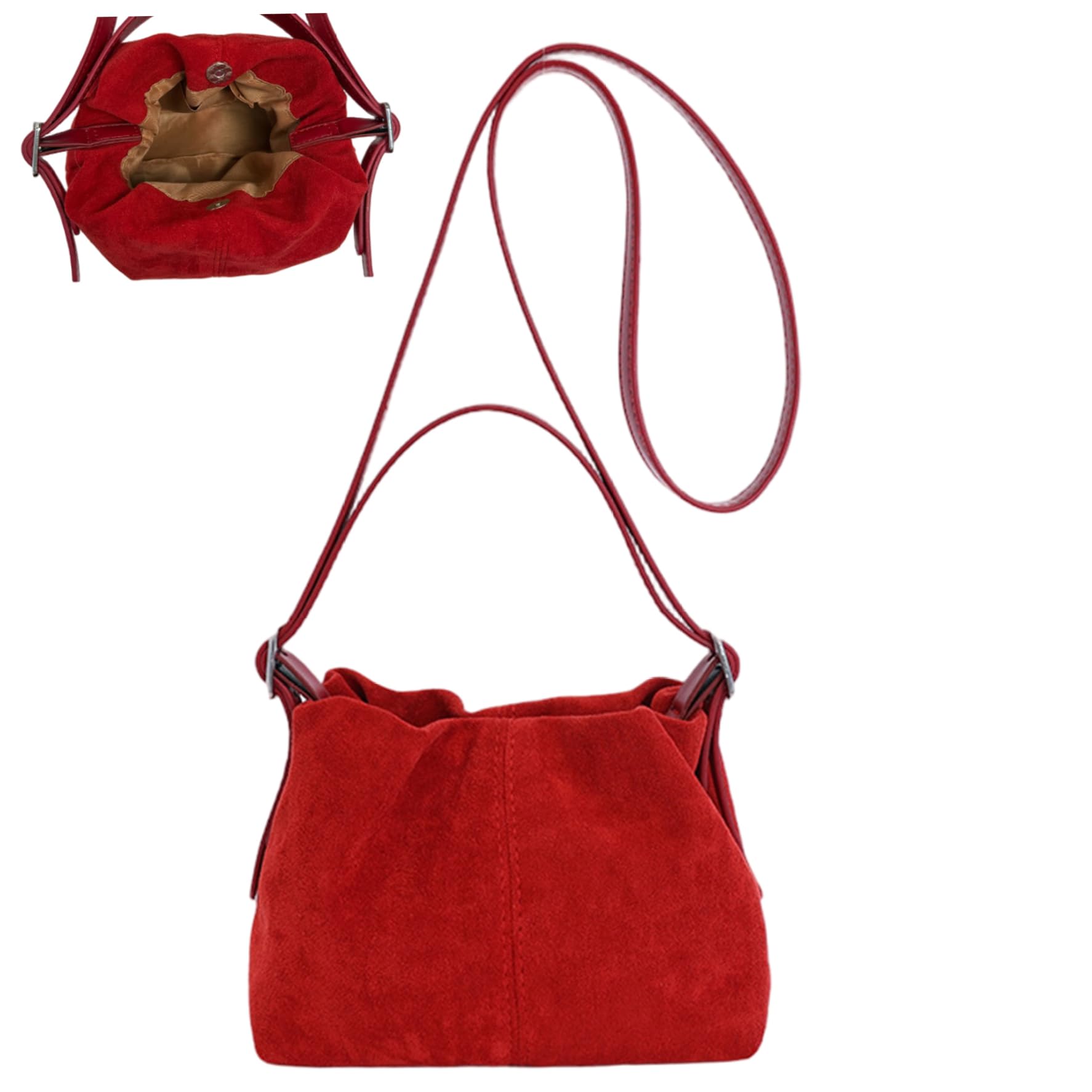 Ameble Red Suede Purse Vintage Slouchy Suede Handbags with Strap Bucket Bag for Women Everyday & Weekend Red Purse, Bucket Bag, Crossbody, Handbags