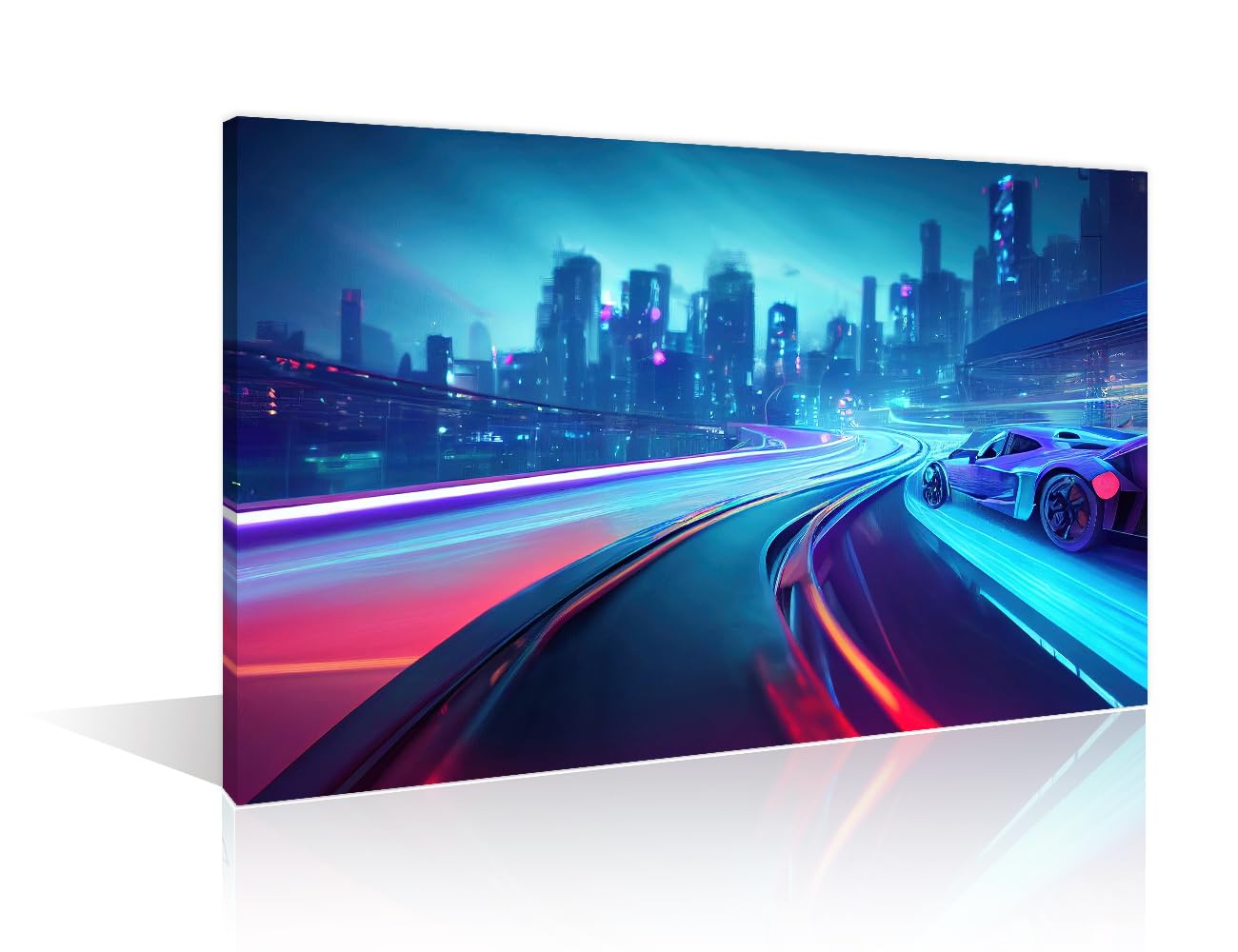 1 Panels Canvas Prints Sport Car Glowing Neon Wall Art Modern Home Decor Cyberpunk City Street Poster Living Room Bedroom Decoration Artwork Painting Framed Ready to Hang, (24" Wx36 H) — image 1