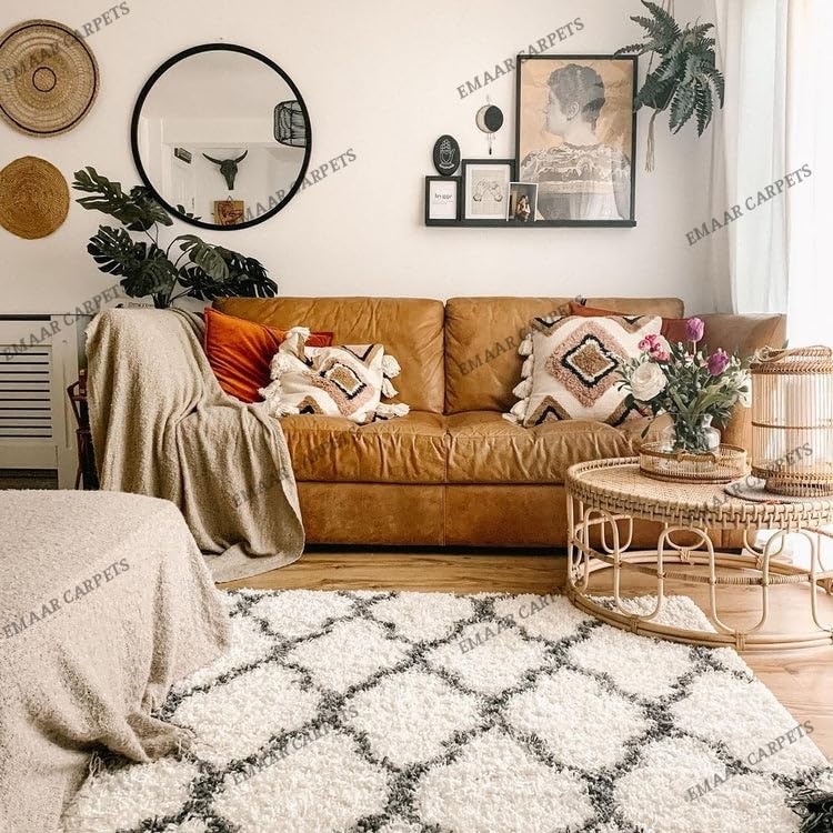 Image of Super Ultra Modern Soft Shaggy Handcrafted Anti-Skid Silk Touch Carpet, Size 12x12 Feet, Color White & D Grey