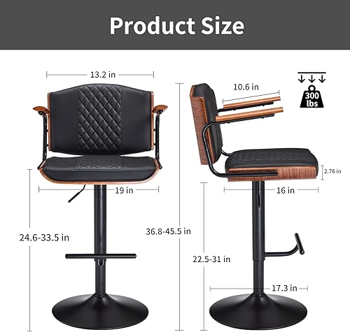 Miniatura 2 de Juego de 2 taburetes de barra de mostrador, 24-33 pulgadas de altura ajustable con respaldo y reposabrazos, piel sintética, fácil montaje, cómodo y