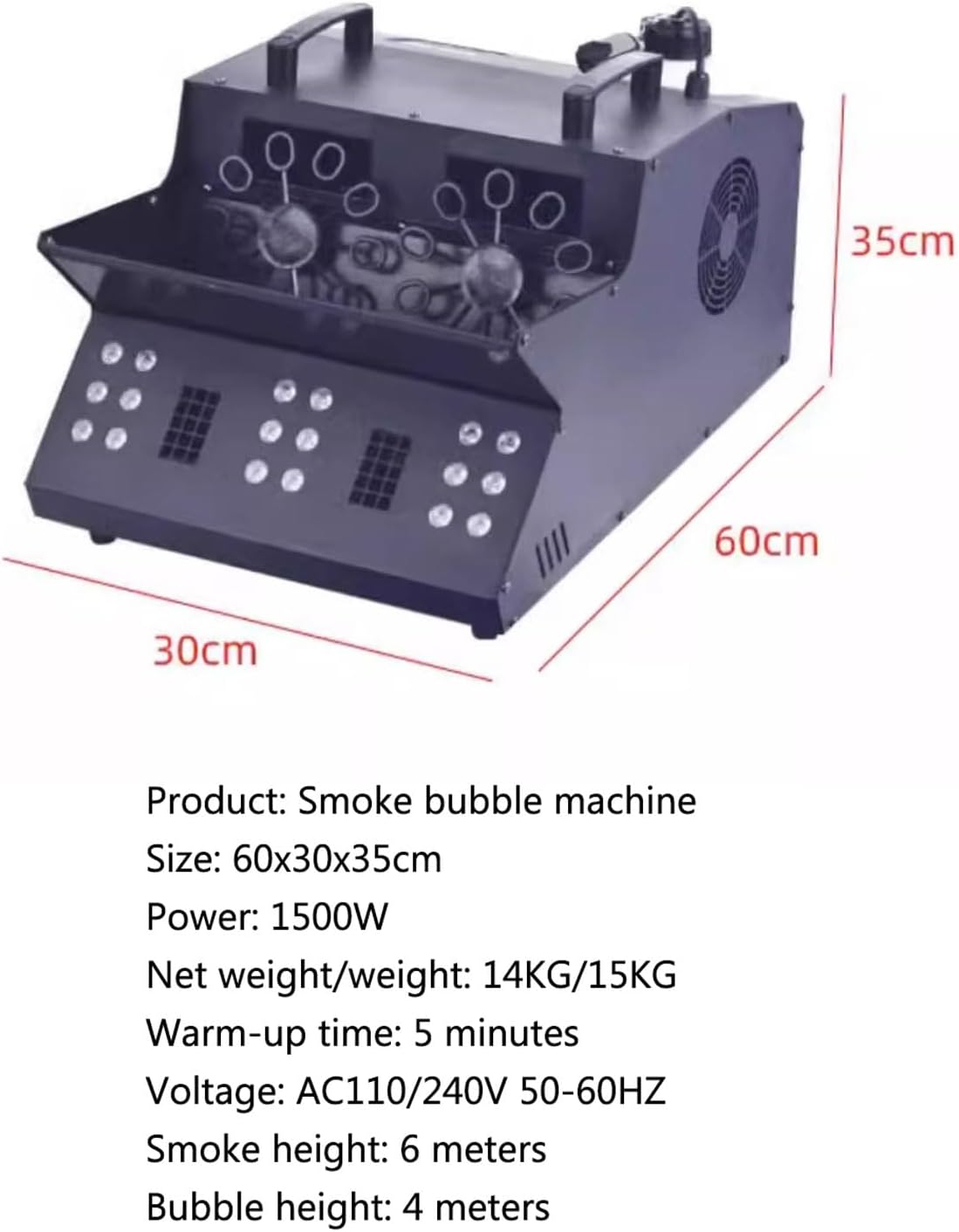 Diagram showing the dimensions of the BDJSN 1500W Bubble Fog Machine: 60cm length, 30cm width, and 35cm height.