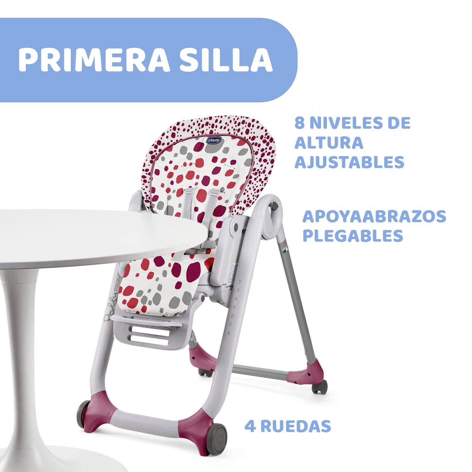 Chicco Polly Progres5 Chaise Haute Évolutive, Convertible en Transat et Rehausseur pour Bébé, Réglable de la Naissance à 3 ans (15 kg), avec 4 Roues, Fermeture Compacte - cherry