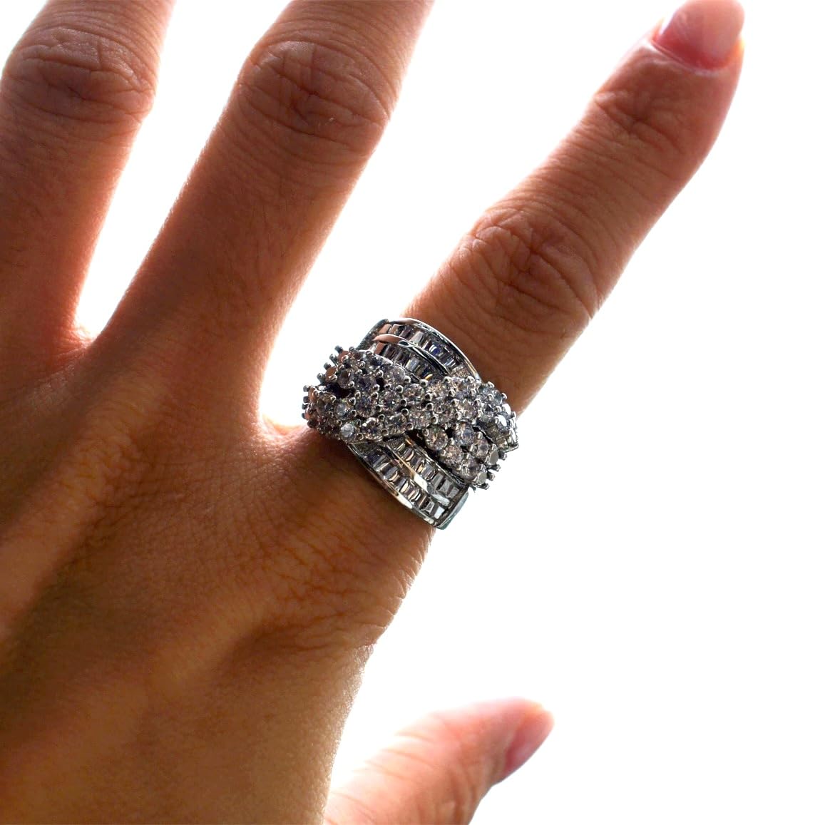 925 Sterling Silver Shiny Full Diamond Gemstone Ring 18K Gold Cocktail Cross Cubic Zirconia Promise Ring CZ Diamond Multi Row Rings Eternity Engagement Wedding Party Ring for Women Z.145 (US Code 7)