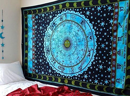 Jaipur Handloom Zodiac Tapestry Horoscope Tapestry Dorm Decor Indian Astrology Hippie Wall Hanging (54X85 inches approx, Blue)