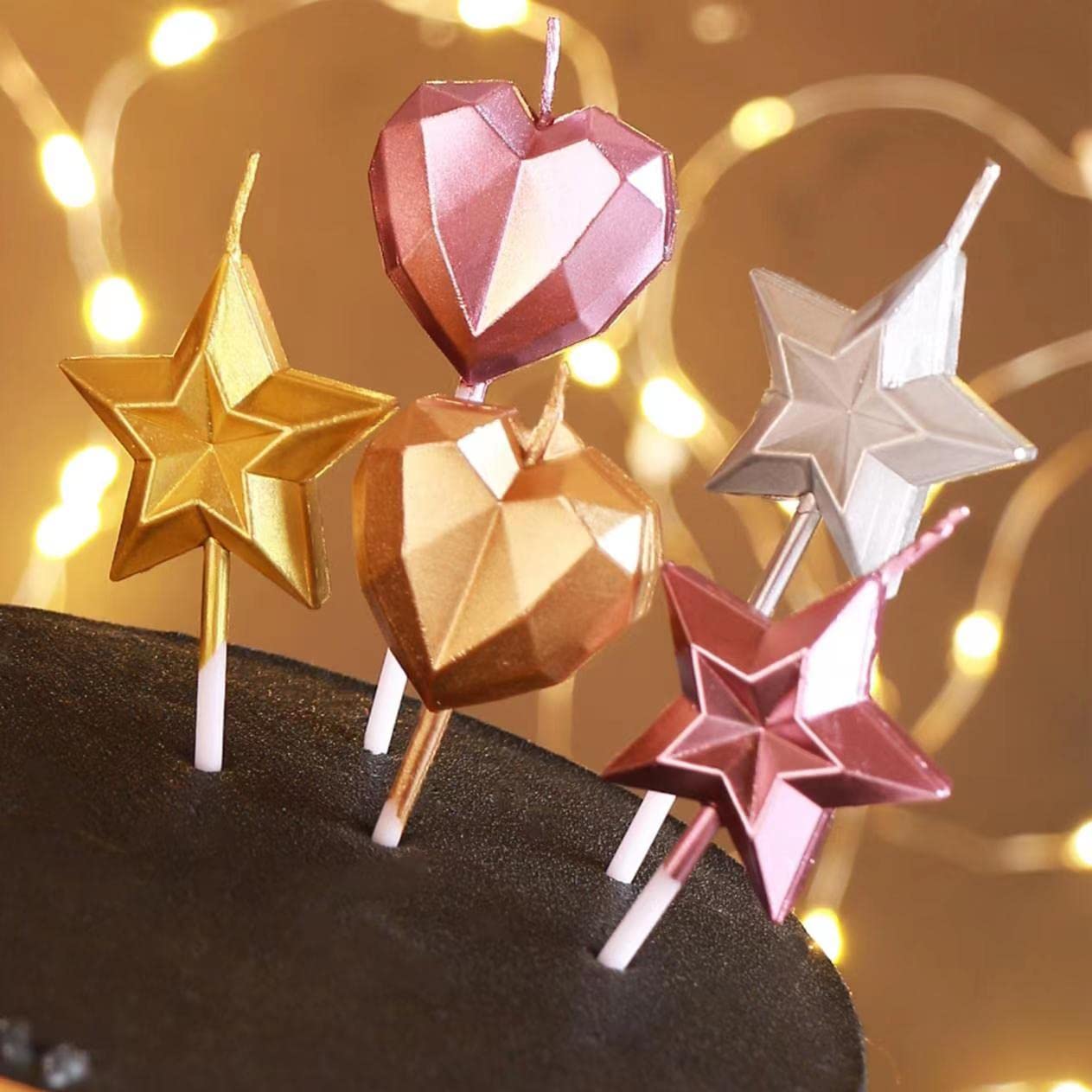 Saododku Gold Birthday Candles,5 Pack Metallic Colors Geometric Heart-Shaped Cake Candles for Birthday Cakes