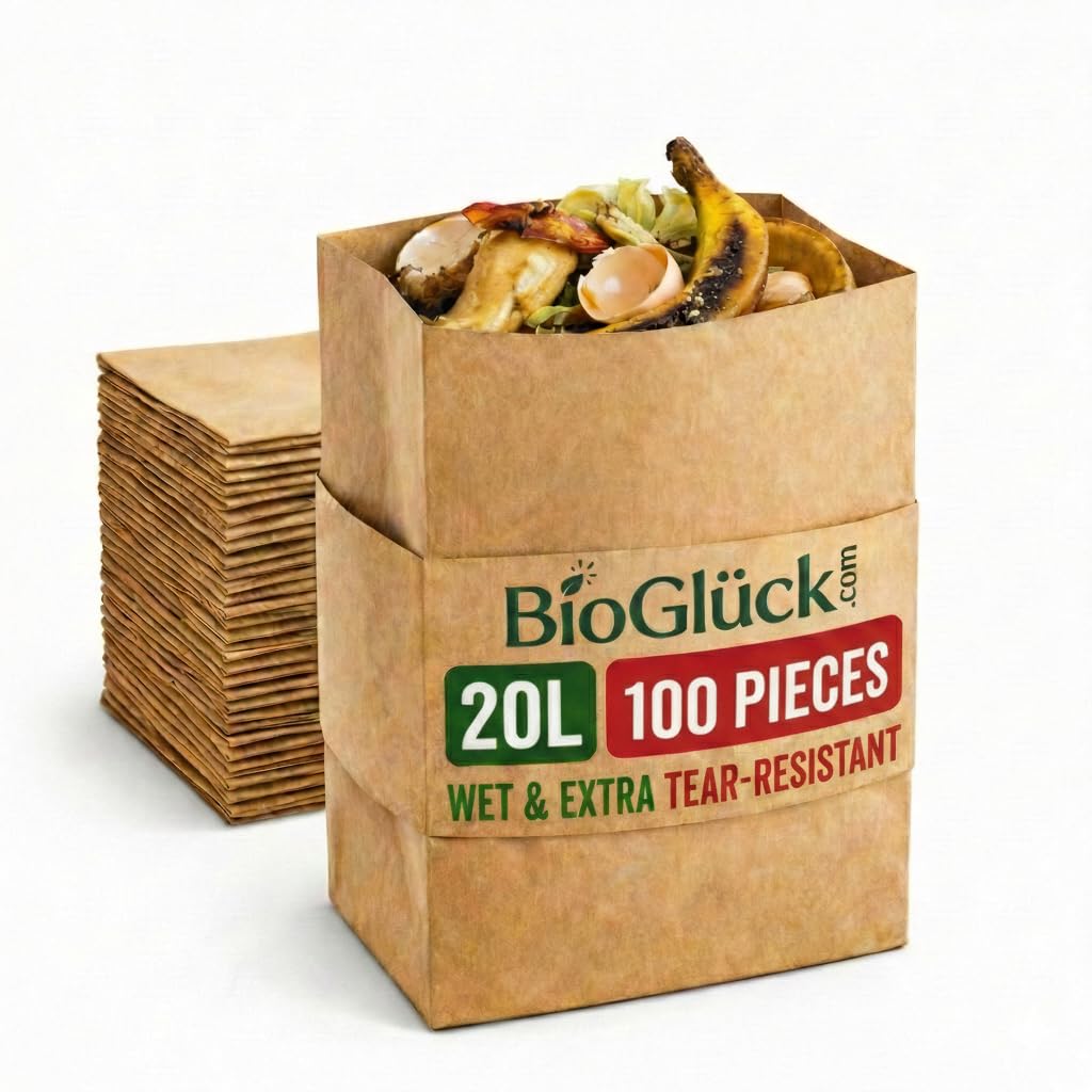BIOGLÜCK® – Sacchetti per Bio rifiuti Premium 20 l [100 pezzi] – Resistenti e impermeabili in carta per bidoni dell'umido