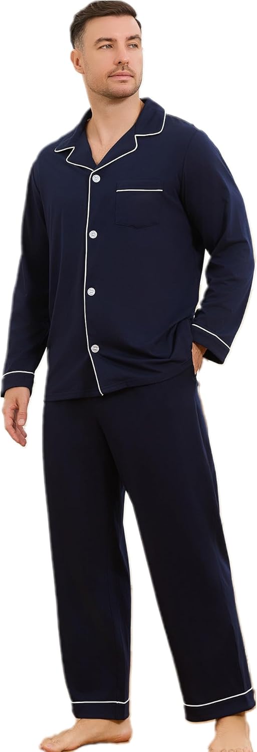 Vulcandon Mens Pajamas Set, Soft Classic Lapel Button Down Long Sleeve Lightweight Comfy Sleepwear Lounge Pajamas for Men