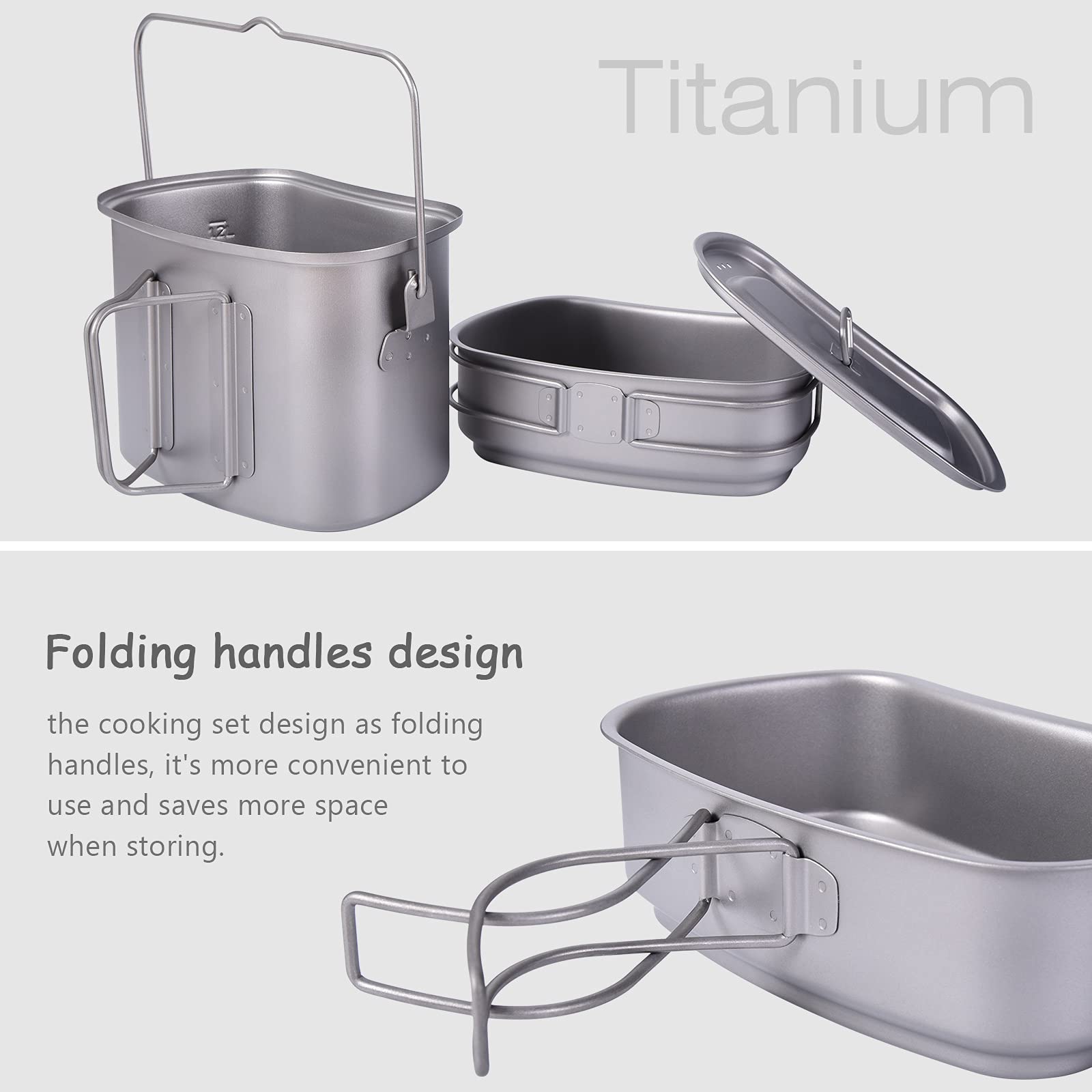 Boundless Voyage Titan-Kantinenbecher-Mess-Set Nierenförmiges Camping-Titan-Kochset zum Aufhängen mit Deckel und Griffen Ti2059C