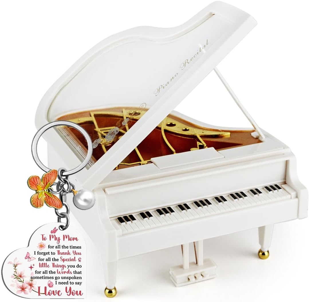 Piano Shaped Music Box with Can't Help Falling in Love Engraved Keychain Set, Creative Musical Keepsake, Romantic Anniversary Birthday Gift for Her, Wife, Girlfriend, Music Lover Gift