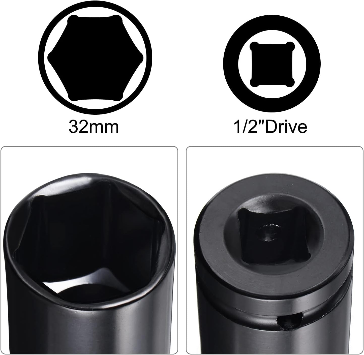 uxcell 1/2" Drive Socket Accessory Set, 32mm Deep 6-Point Impact Socket 8" Length and 1/4" Hex Shank Adapter