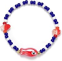 Agromusk Cute Fish Bracelet: 14K Gold Blue White Beaded Stretch Bracelet for Women, Handmade Ceramic Natural Stone Vintage Summer Beach Gift