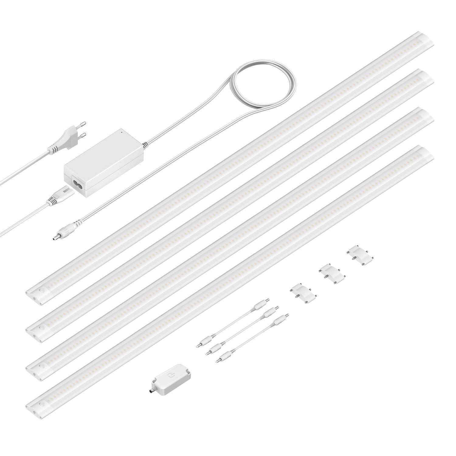 ledscom.de Luce sottopensile a LED SIRIS bianco opaco, con dimmer a sfioramento, piatto, ogni 90cm, ogni 963lm, bianco caldo Set di 4