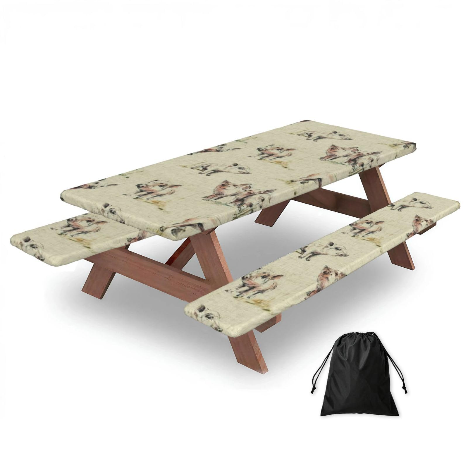 Duwaa Black Pig Background Print 183Cm Picnic Table Cover With Bench Covers, Waterproof Elastic Tablecloth Set For Outdoor
