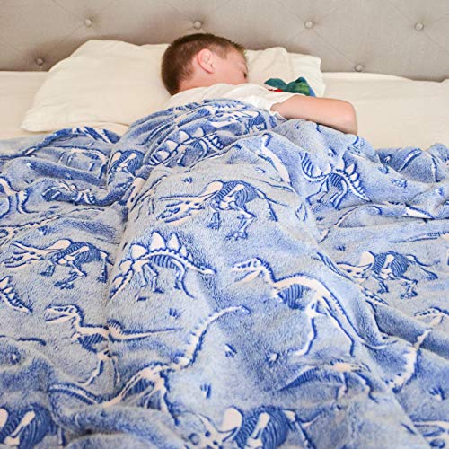 Dinosaur Blanket Glow In The Dark Luminous Dino Blanket For Kids - Soft Plush Blue T-Rex Blanket Throw For Boys And Girls - Large 60In X 50In Glowing Jurassic Dinosaur Fossil Gift Dino Bones Blankets #TOP3