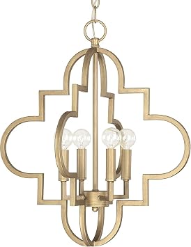 Capital Lighting 4541BG Ellis Quatrefoil Motif Candle Style Pendant Ceiling Light for Kitchens Stairways, 4-Light 240 Total Watts, 20" H x 18" W, Brushed Gold